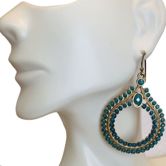 Vintage Faux Turquoise Gold Tone Pierced Dangle Hoop Hook Fashion Earrings - Picture 7 of 7